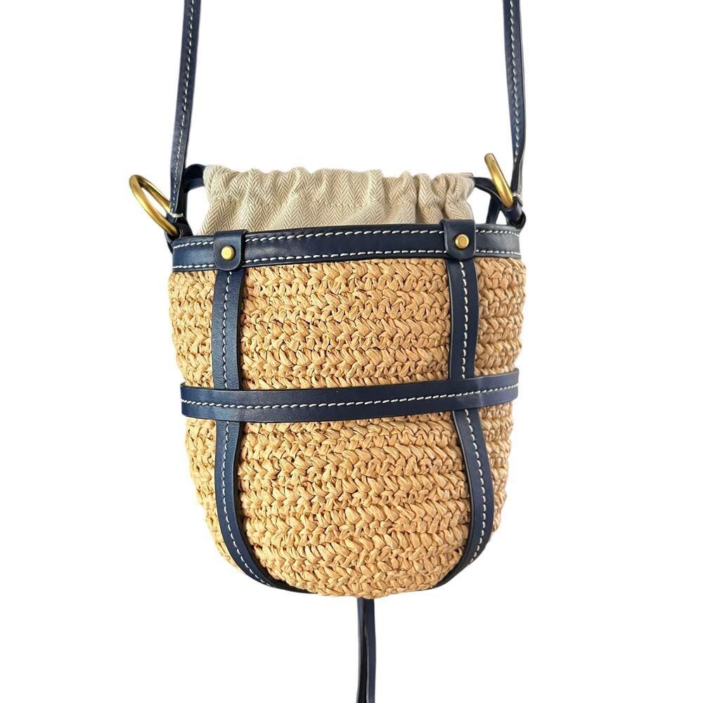Tory Burch Miller Straw Bucket Bag Natural Navy Crossbody Purse Leather Trim - Picture 5 of 12